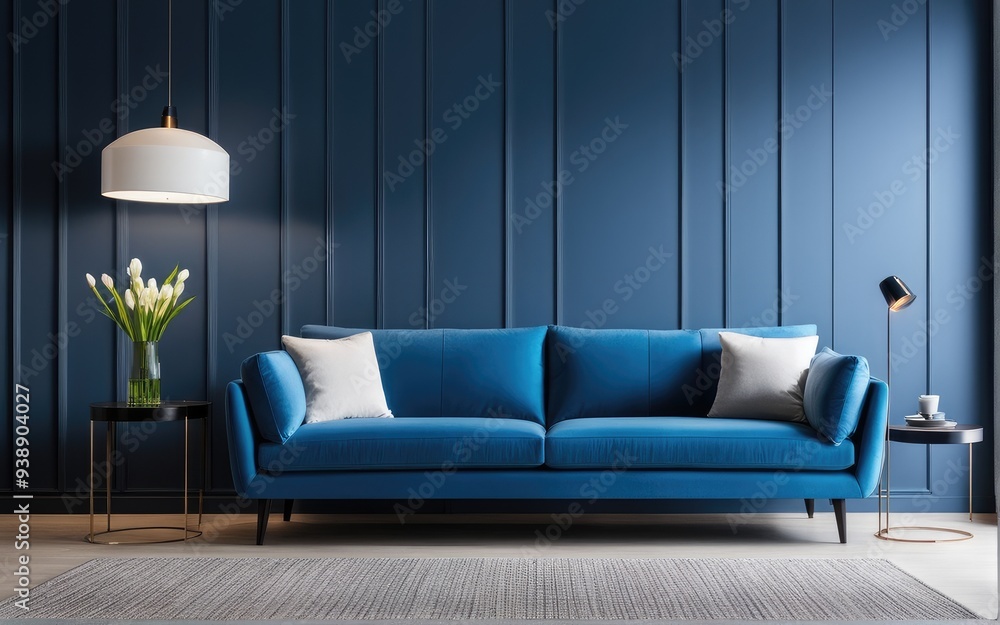 Blue sofa against paneling wall. Minimalist loft home interior design of modern living room Blue sofa against paneling wall. Minimalist loft home interior design of modern living room