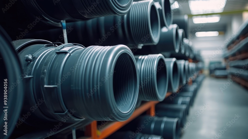 Warehouse Storage of Large Plastic Pipes Arranged in a Row Warehouse Storage of Large Plastic Pipes Arranged in a Row