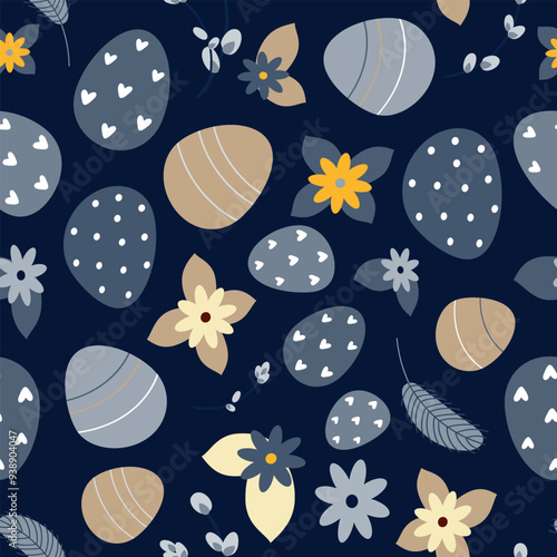 seamless background of Easter eggs and flowers and pussy willow