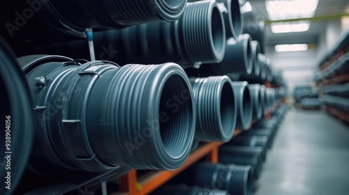 Warehouse Storage of Large Plastic Pipes Arranged in a Row