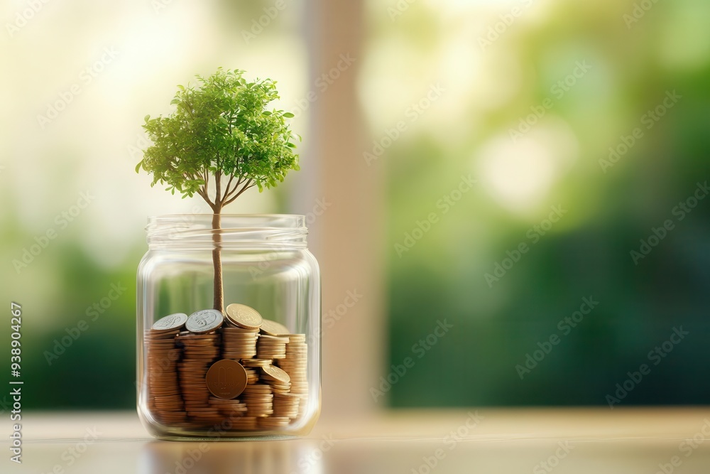 A small tree growing out of a glass jar filled with coins, symbolizing financial growth and prosperity. A small tree growing out of a glass jar filled with coins, symbolizing financial growth and prosperity.