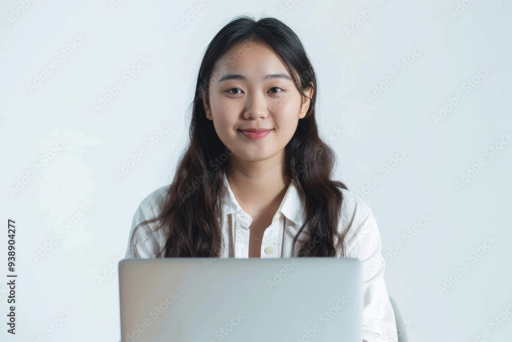 Portrait of a happy asian businesswoman working on laptop computer isolated over white background