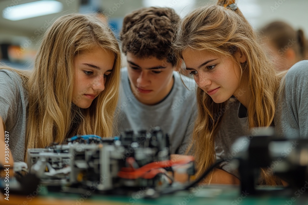 Fototapeta premium Photograph students collaborating on a robotics project in a technology class