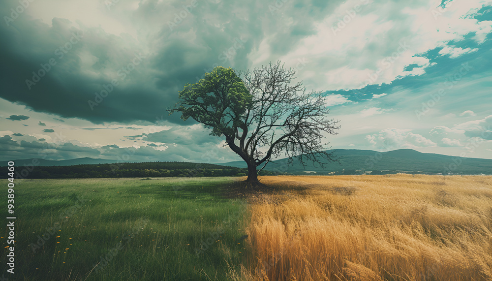 Fototapeta premium Creative Landscape Concept. Living and Dead Tree