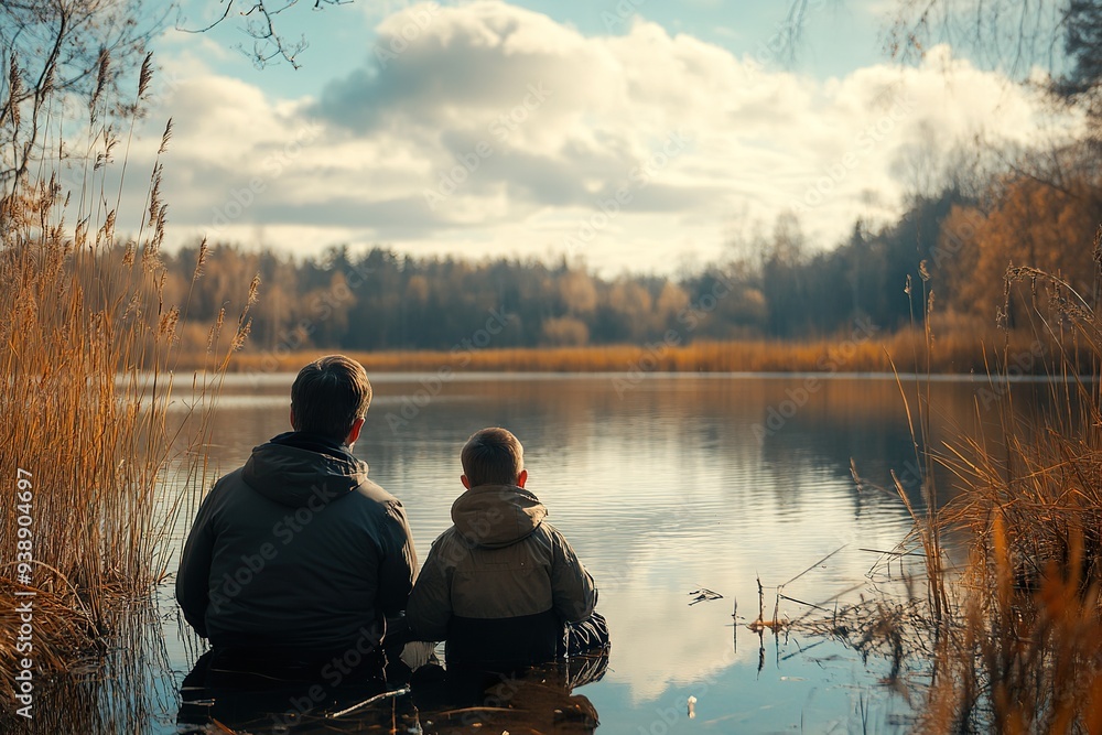 Show a father and son fishing together on a peaceful lake Show a father and son fishing together on a peaceful lake
