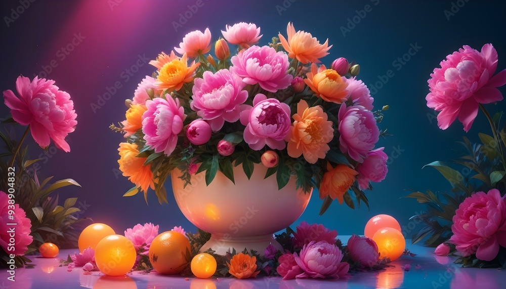 a vase with flowers in it and a round object in the background. a vase with flowers in it and a round object in the background.