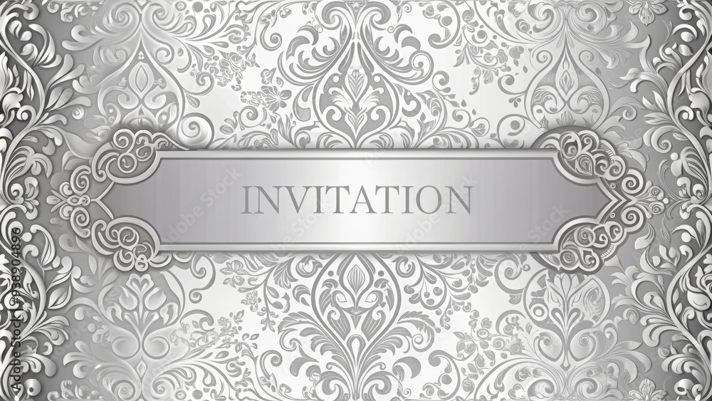 Elegant silver invitation with ornate border, adorned with intricate floral patterns and subtle texture, perfect for luxury events, weddings, and high-end celebrations. Elegant silver invitation with ornate border, adorned with intricate floral patterns and subtle texture, perfect for luxury events, weddings, and high-end celebrations.