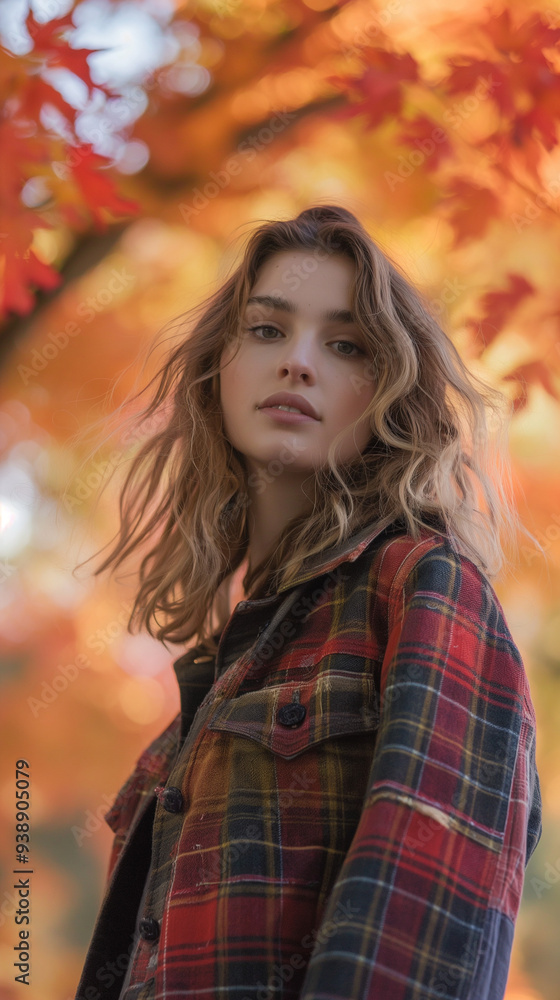 Young Woman in Plaid Jacket with Autumn Leaves Background Young Woman in Plaid Jacket with Autumn Leaves Background