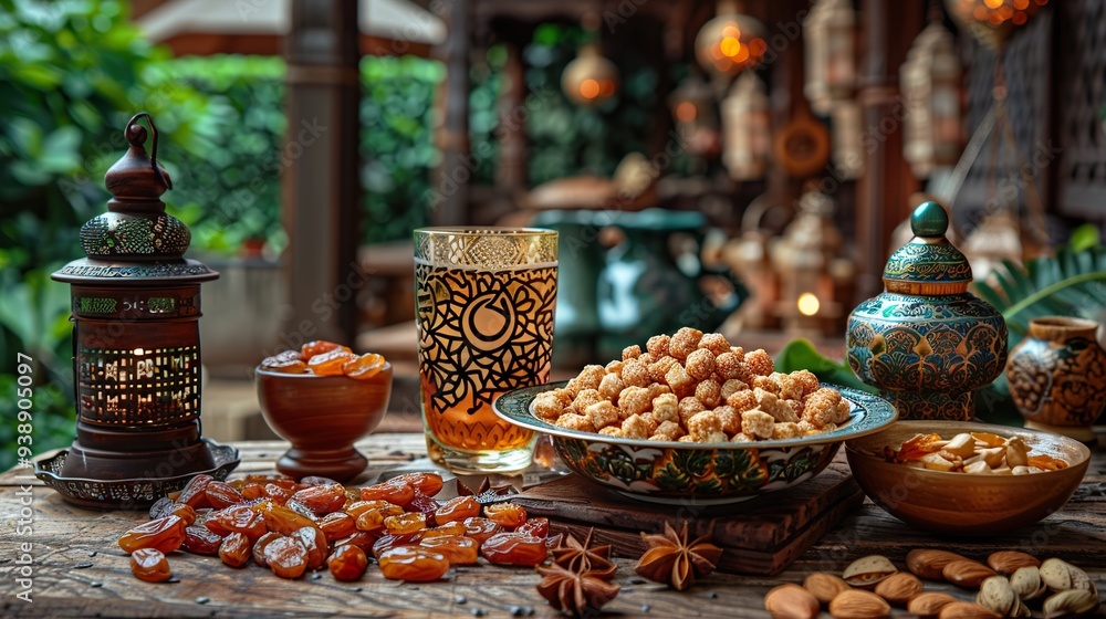 Fototapeta premium Ramadan Kareem card template with dried dates in an Islamic star and crescent bowl, wooden lantern, nuts, and a cup of tea on the table.