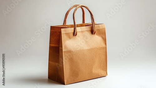 A brown paper bag with rope handles, on a white background.