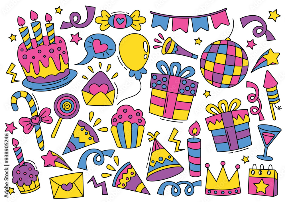Fototapeta premium Set of party doodle. Sketch of Birthday decoration, gift box, cake, party hats in sketch style. Hand drawn party set illustration.