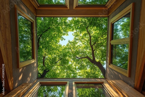 View of tree canopy from wooden framed windows