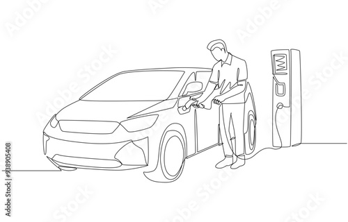 Continuous one line drawing of man charging electric car at public charging station, environmentally friendly lifestyle with electric vehicle concept, single line art.