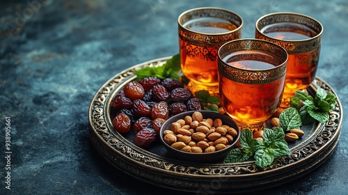 Ramadan Kareem tray with dates, fruits, nuts, and a cup of tea beside an Islamic wooden lantern shaped like a mosque on a dark blue background.