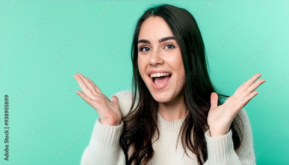 Excited Woman Expressing Joy with Open Hands Excited Woman Expressing Joy with Open Hands