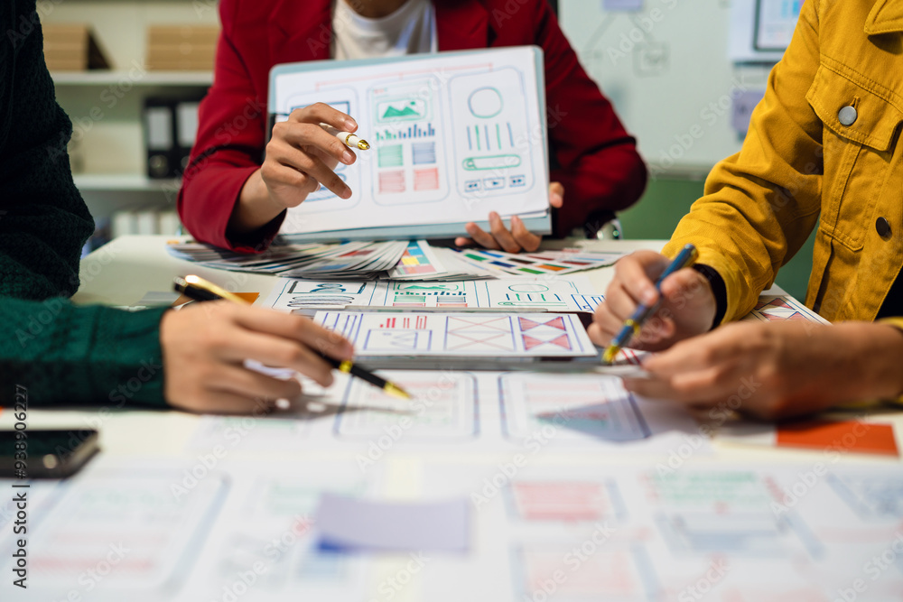 UX developer and ui designer brainstorming about mobile app interface wireframe design with customer breif and color code, User experience concept UX developer and ui designer brainstorming about mobile app interface wireframe design with customer breif and color code, User experience concept