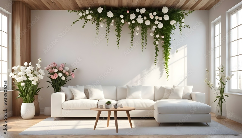 a room with a wall covered in pink flowers and a white couch. a room with a wall covered in pink flowers and a white couch.