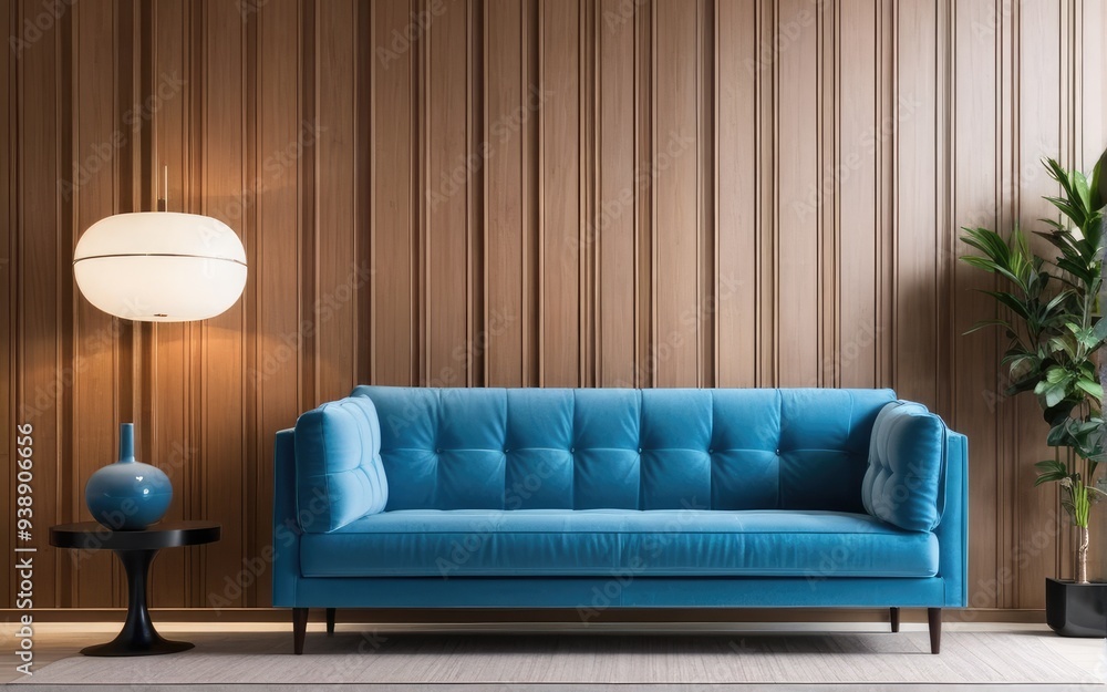 Blue sofa against paneling wall. Minimalist loft home interior design of modern living room Blue sofa against paneling wall. Minimalist loft home interior design of modern living room