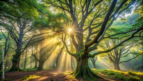 Ethereal Sunbeams Filter Through Dense Canopy Of Ancient Trees In Atmospheric Woodland