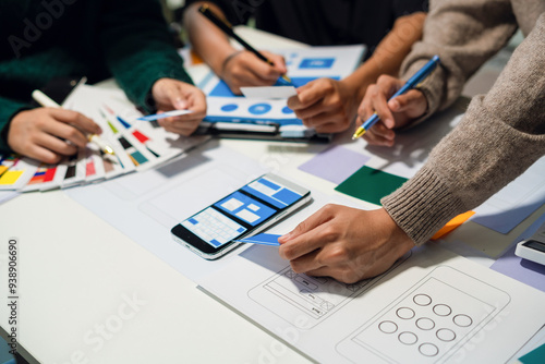 UX developer and ui designer brainstorming about mobile app interface wireframe design with customer breif and color code, User experience concept