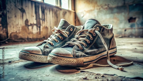 Faded, torn, and scuffed sneakers with worn-out soles, laces undone, sitting on a dusty floor, evoking a sense of exhaustion and nostalgic memories. photo