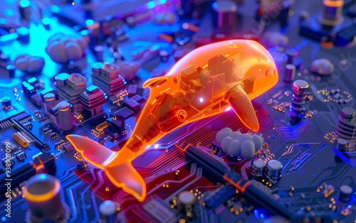 A futuristic whale hologram hovers over a detailed circuit board, symbolizing the fusion of nature and technology. photo