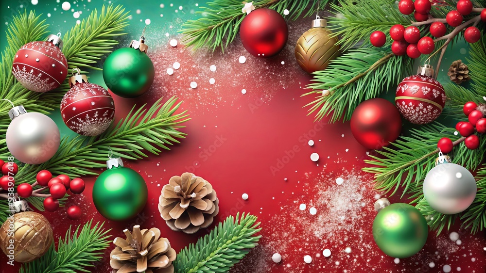 Festive red and green holiday background with ornaments, pinecones, and snowy accents, perfect for customizing with your own Christmas party invitation text and details. Festive red and green holiday background with ornaments, pinecones, and snowy accents, perfect for customizing with your own Christmas party invitation text and details.