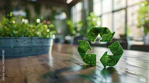 A vibrant green recycling symbol is displayed on a wooden table amidst green plants, signifying the integration of eco-friendly practices within everyday life and natural settings.