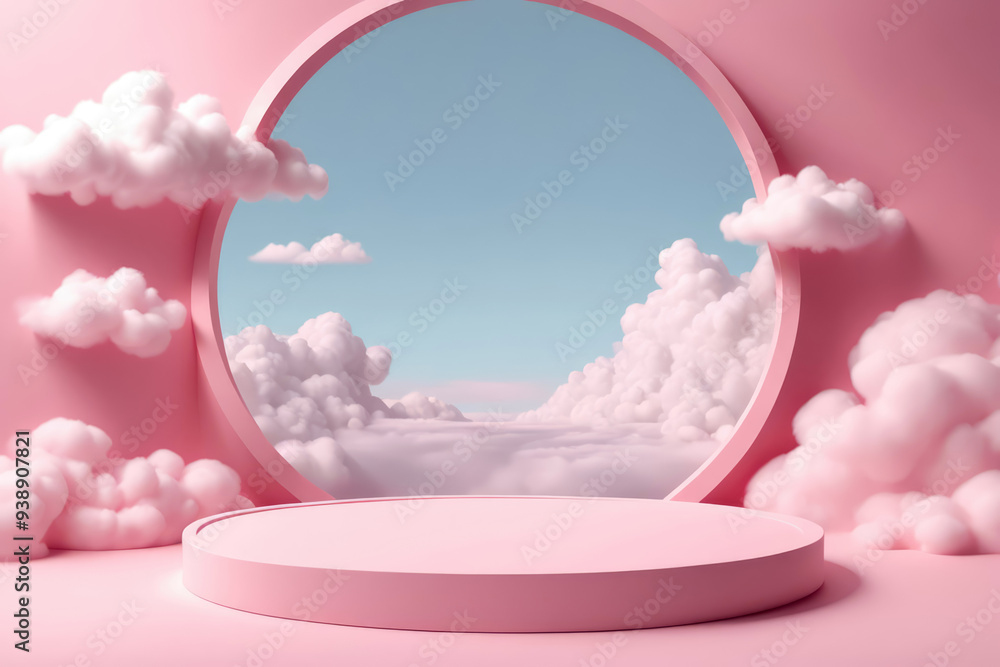 3d pink podium with background cloud, product display showcase 3d pink podium with background cloud, product display showcase