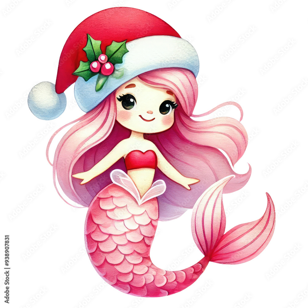 Cute pink mermaid wearing a Santa hat, perfect for festive holiday and Christmas themed illustrations or decorations. Cute pink mermaid wearing a Santa hat, perfect for festive holiday and Christmas themed illustrations or decorations.