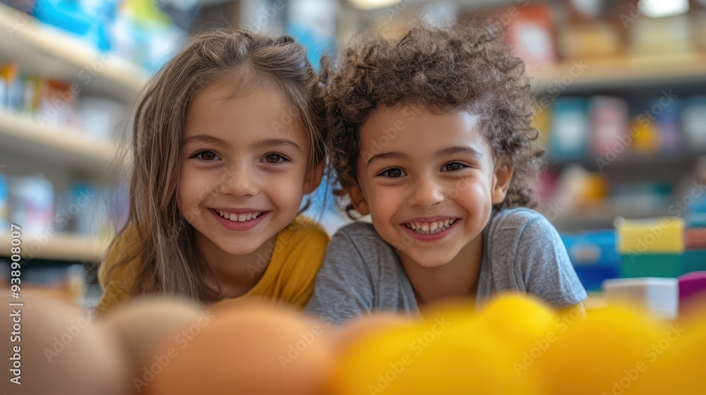 Two young children are smiling and posing for a picture. They are wearing yellow shirts and are surrounded by a pile of eggs Two young children are smiling and posing for a picture. They are wearing yellow shirts and are surrounded by a pile of eggs