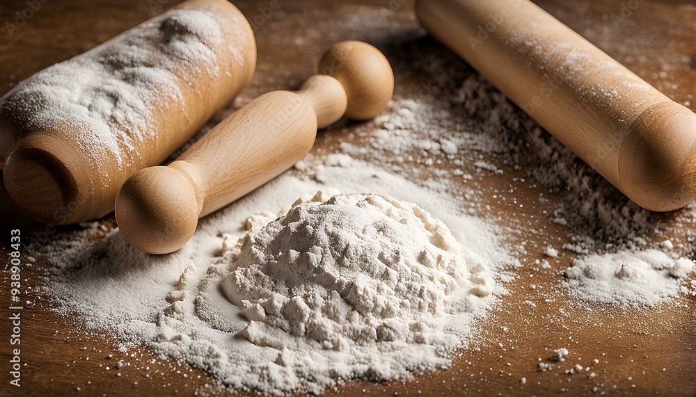 Classic wooden rolling pin in a rustic kitchen setting, visualize the rolling pin dusted with flour, lying across a smooth, lightly floured countertop Classic wooden rolling pin in a rustic kitchen setting, visualize the rolling pin dusted with flour, lying across a smooth, lightly floured countertop