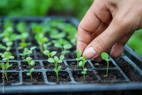 Closeup hand planting seedlings in a nursery tray 