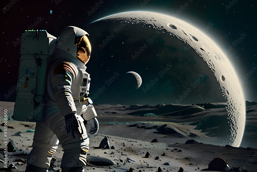 Obraz premium Write a story from the perspective of an astronaut standing on the Moon's edge, gazing out at the stunning blue-green planet suspended in the darkness, feeling a deep sense of wonder and connection to