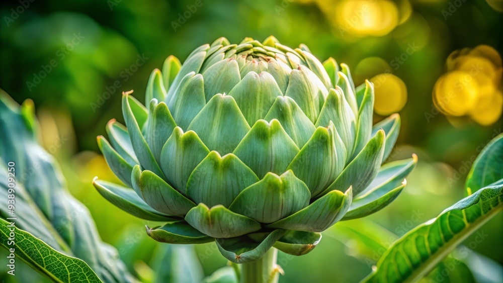 Fresh green artichoke blossom stands upright against a soft focus background, its tightly closed leaves and fuzzy center evoking the promise of springtime renewal. Fresh green artichoke blossom stands upright against a soft focus background, its tightly closed leaves and fuzzy center evoking the promise of springtime renewal.