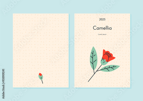 Colorful card template with leaves and flower in minimalistic style
