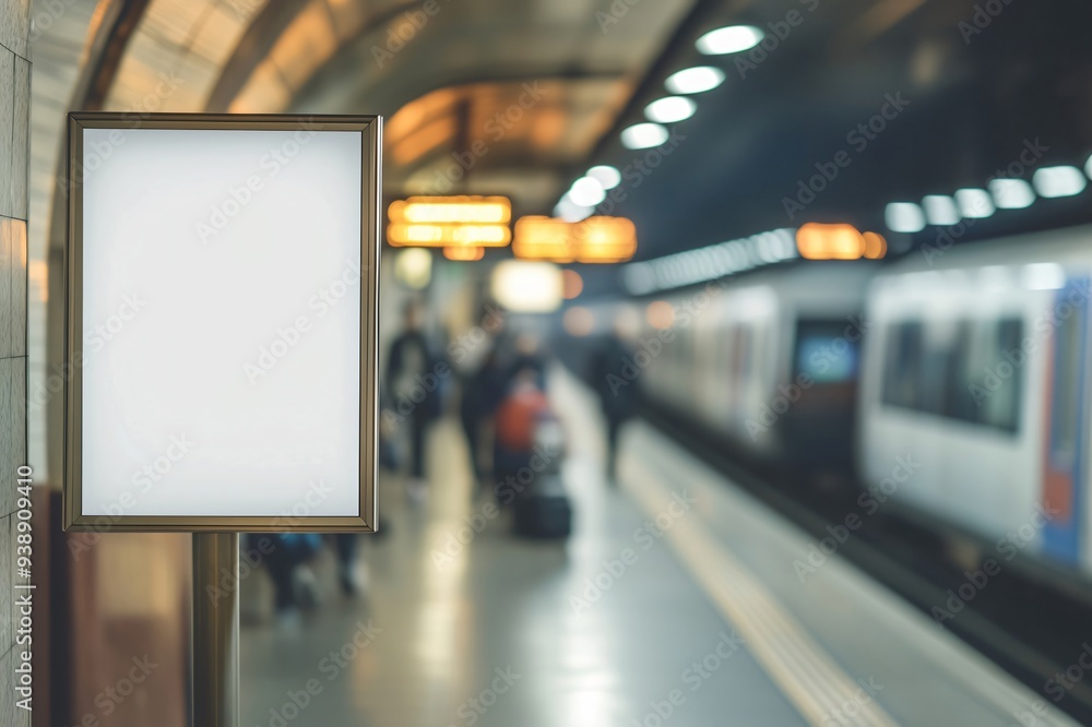 Empty billboard stands in a bustling train station as passengers await their trains Empty billboard stands in a bustling train station as passengers await their trains