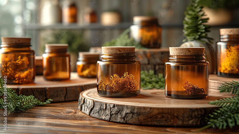 Amber glass cosmetic containers on beige background with birch bark branch and green moss for natural skincare design. Amber glass cosmetic containers on beige background with birch bark branch and green moss for natural skincare design.