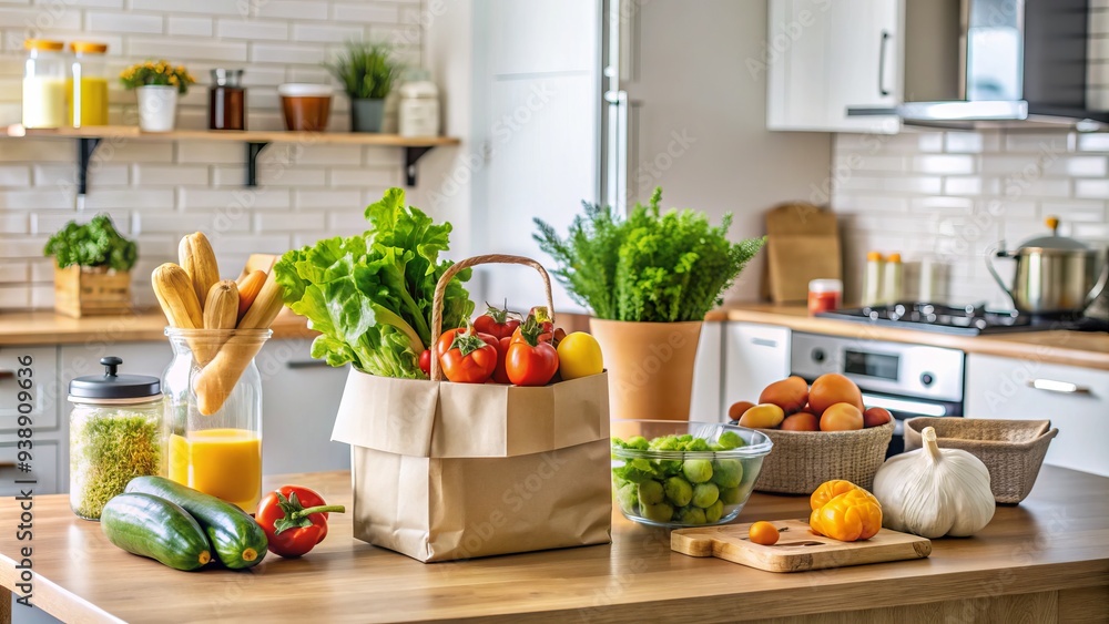 Fresh groceries and essentials neatly arranged on a kitchen counter, highlighting the convenience of online shopping with in-home delivery services. Fresh groceries and essentials neatly arranged on a kitchen counter, highlighting the convenience of online shopping with in-home delivery services.