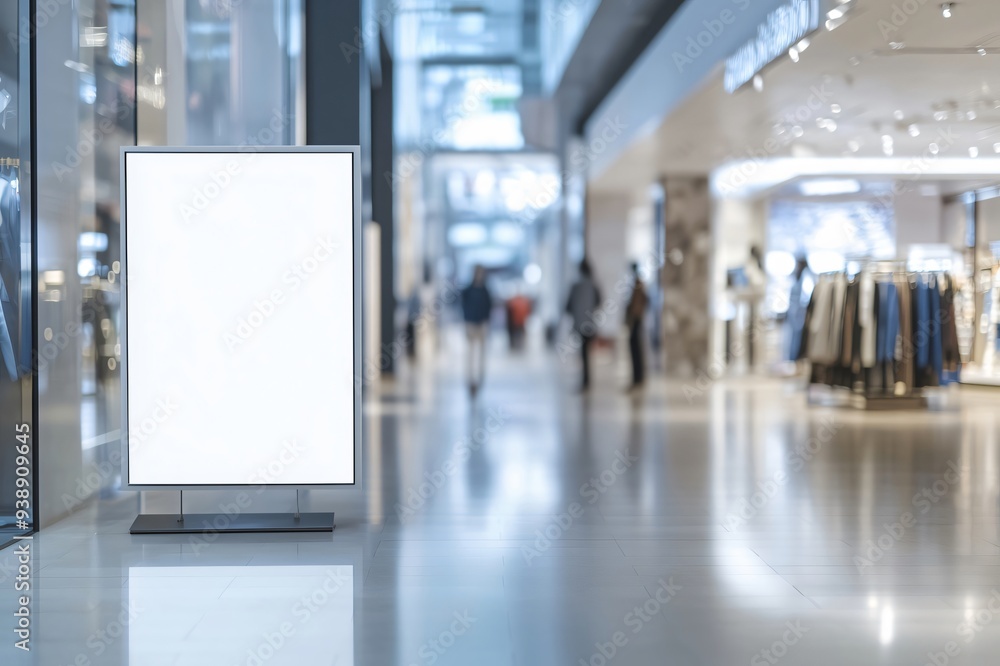 Blank signboard is standing in a busy shopping mall with blurred shoppers in the background Blank signboard is standing in a busy shopping mall with blurred shoppers in the background