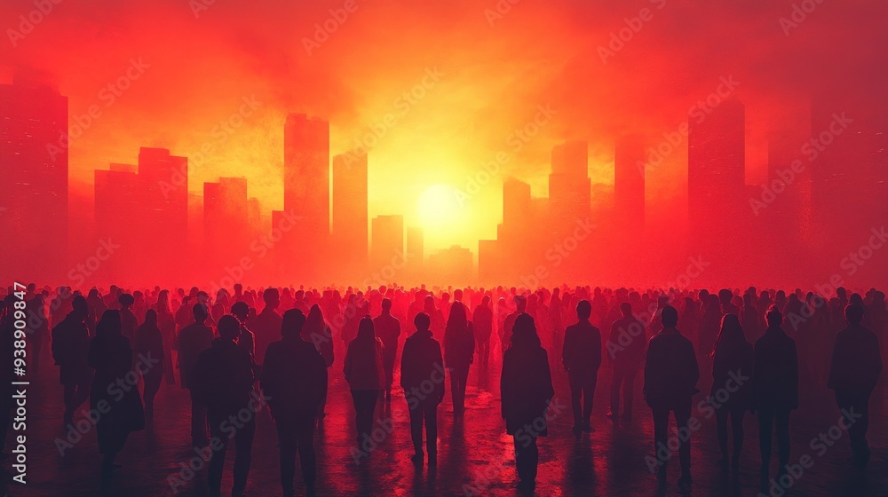 Silhouettes of People Against a Red Sunset Cityscape Silhouettes of People Against a Red Sunset Cityscape