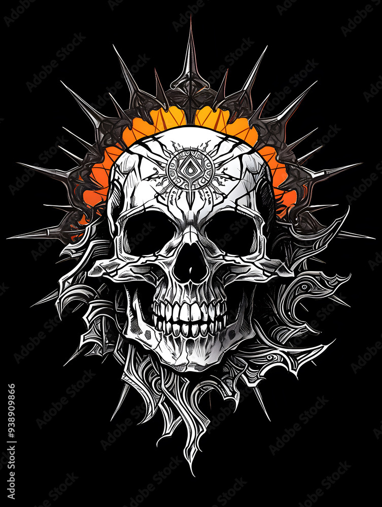 Tribal Skull and Sun Tattoo symmetry layout illustration Tribal Skull and Sun Tattoo symmetry layout illustration