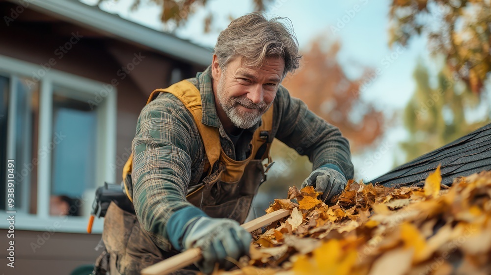 On the roof, a middle-aged man is sweeping leaves, making sure the gutters are clear and functioning properly. On the roof, a middle-aged man is sweeping leaves, making sure the gutters are clear and functioning properly.