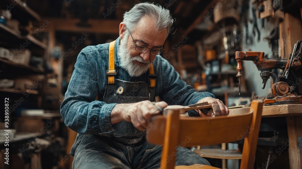 My father was repairing a broken chair at home. Demonstrate furniture repair skills. My father was repairing a broken chair at home. Demonstrate furniture repair skills.