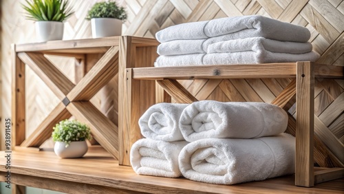 Freshly laundered, fluffy white towels stacked neatly in a crisscross pattern on a wooden shelf, with a few rolled towels on top, in a serene bathroom setting. photo