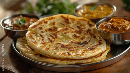 Hot Fluffy Roti Canai with Dhal and Curry photo