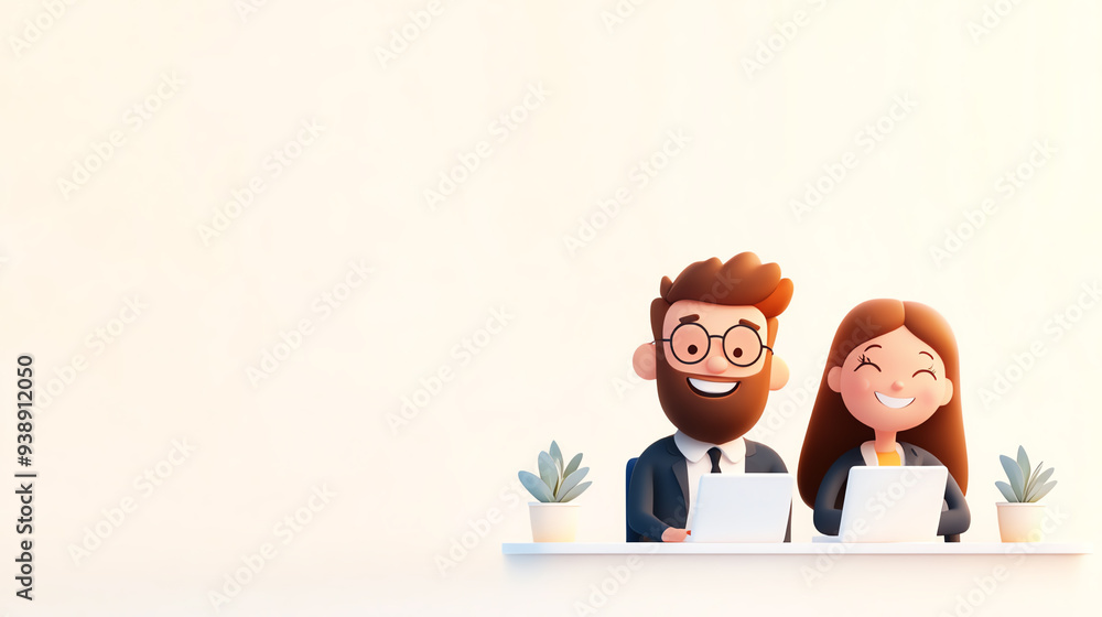 A cheerful cartoon couple engaged in work with laptops, surrounded by plants, perfect for illustrating teamwork and productivity. A cheerful cartoon couple engaged in work with laptops, surrounded by plants, perfect for illustrating teamwork and productivity.