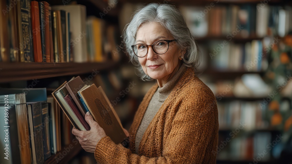 An elderly woman organizing her bookshelf, placing books and knick-knacks neatly for an orderly display. An elderly woman organizing her bookshelf, placing books and knick-knacks neatly for an orderly display.