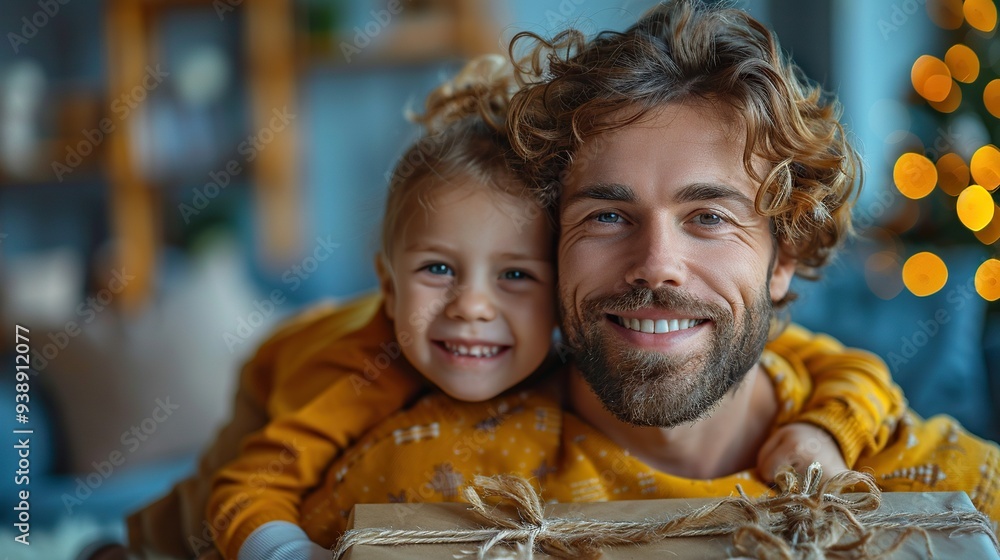Son gives gift to dad, happy Father's Day, blue background. Son gives gift to dad, happy Father's Day, blue background.