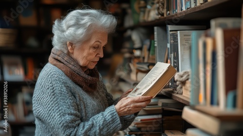 An elderly woman organizing her bookshelf, placing books and knick-knacks neatly for an orderly display.